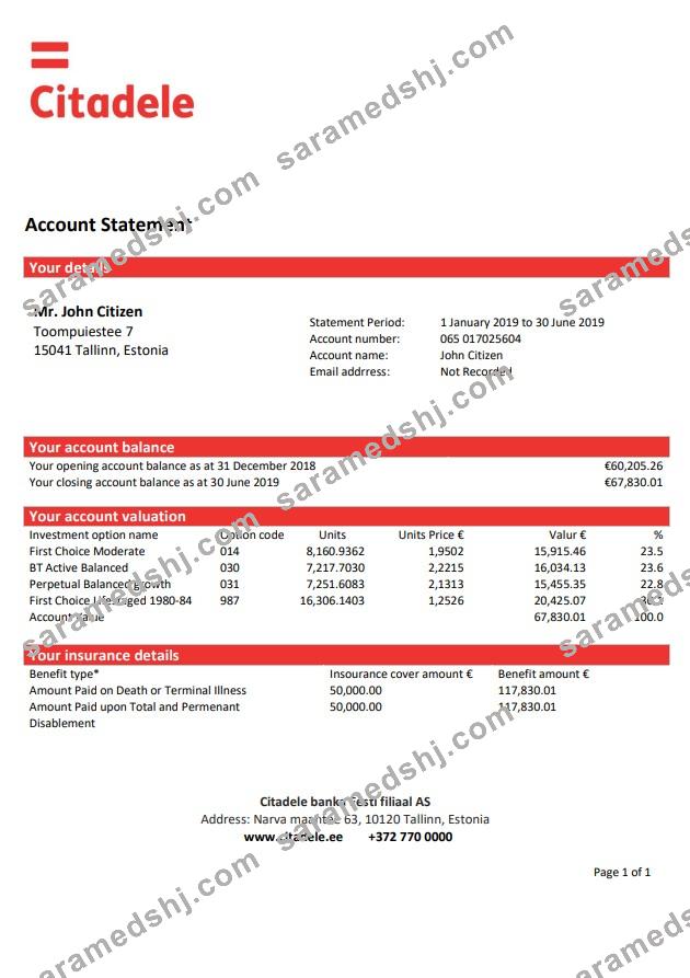 Estonia Citadele Bank statement
